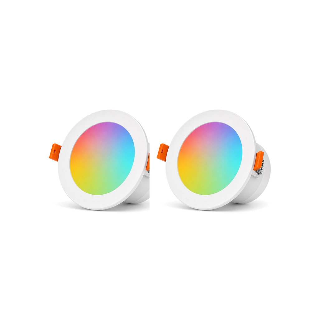 Deux spots LED encastrables RGB ZigBee NéoLight Downlight 9W sur fond blanc