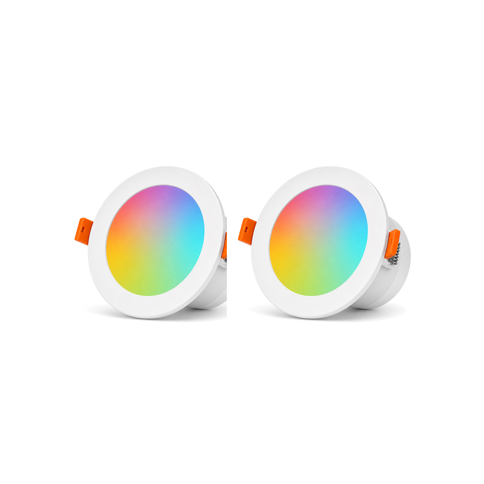 Deux spots LED encastrables RGB ZigBee NéoLight Downlight 9W sur fond blanc