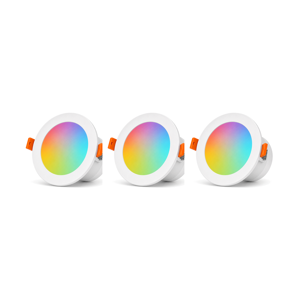 Trois spots LED encastrables RGB ZigBee NéoLight Downlight 9W sur fond blanc