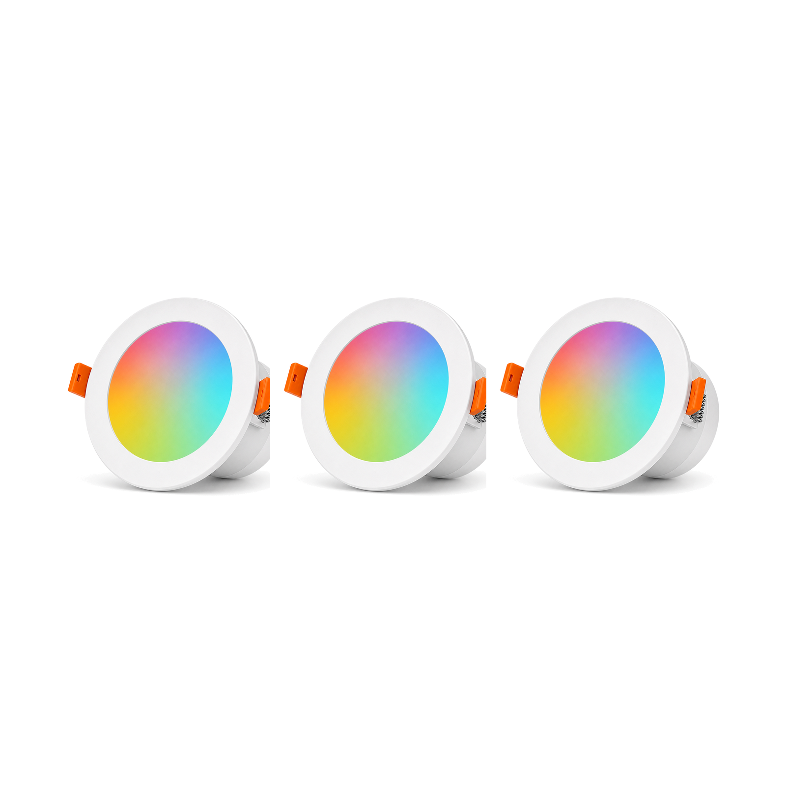 Trois spots LED encastrables RGB ZigBee NéoLight Downlight 9W sur fond blanc