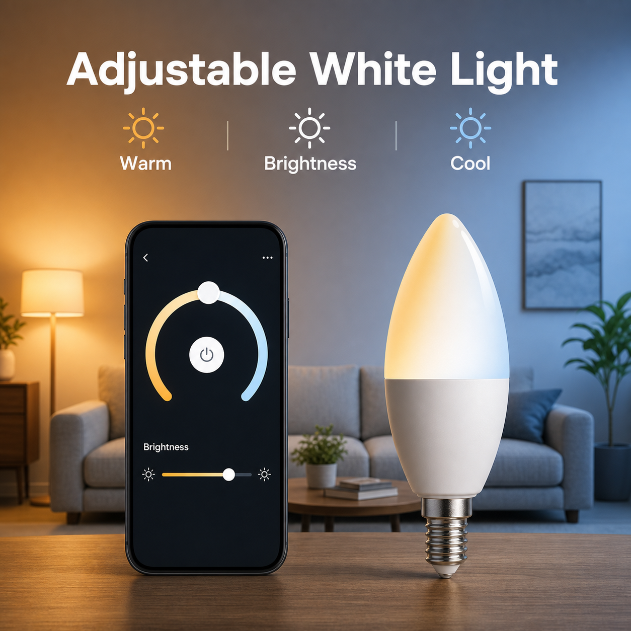 Adjustable warm and cool white light for E14 smart bulb