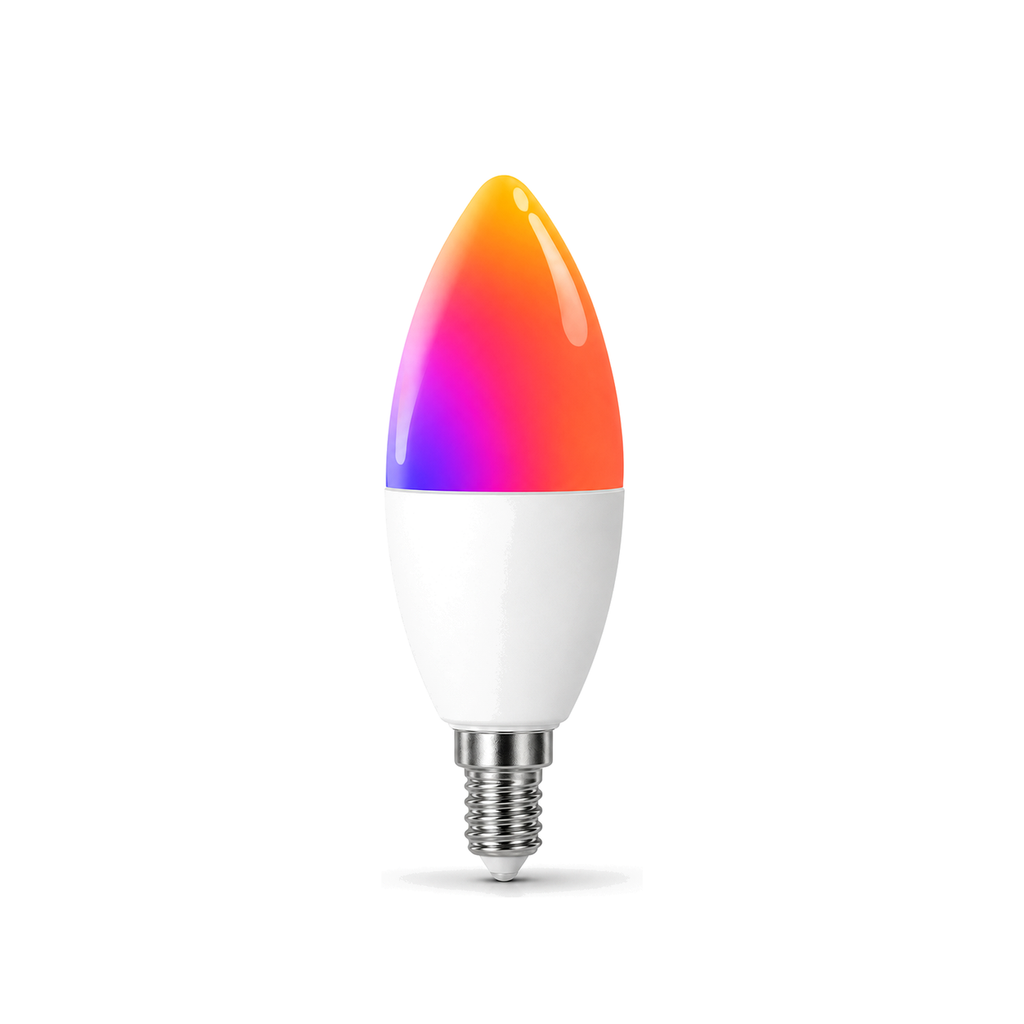 Ampoule bougie E14 Wi-Fi Matter RGB sur fond blanc studio