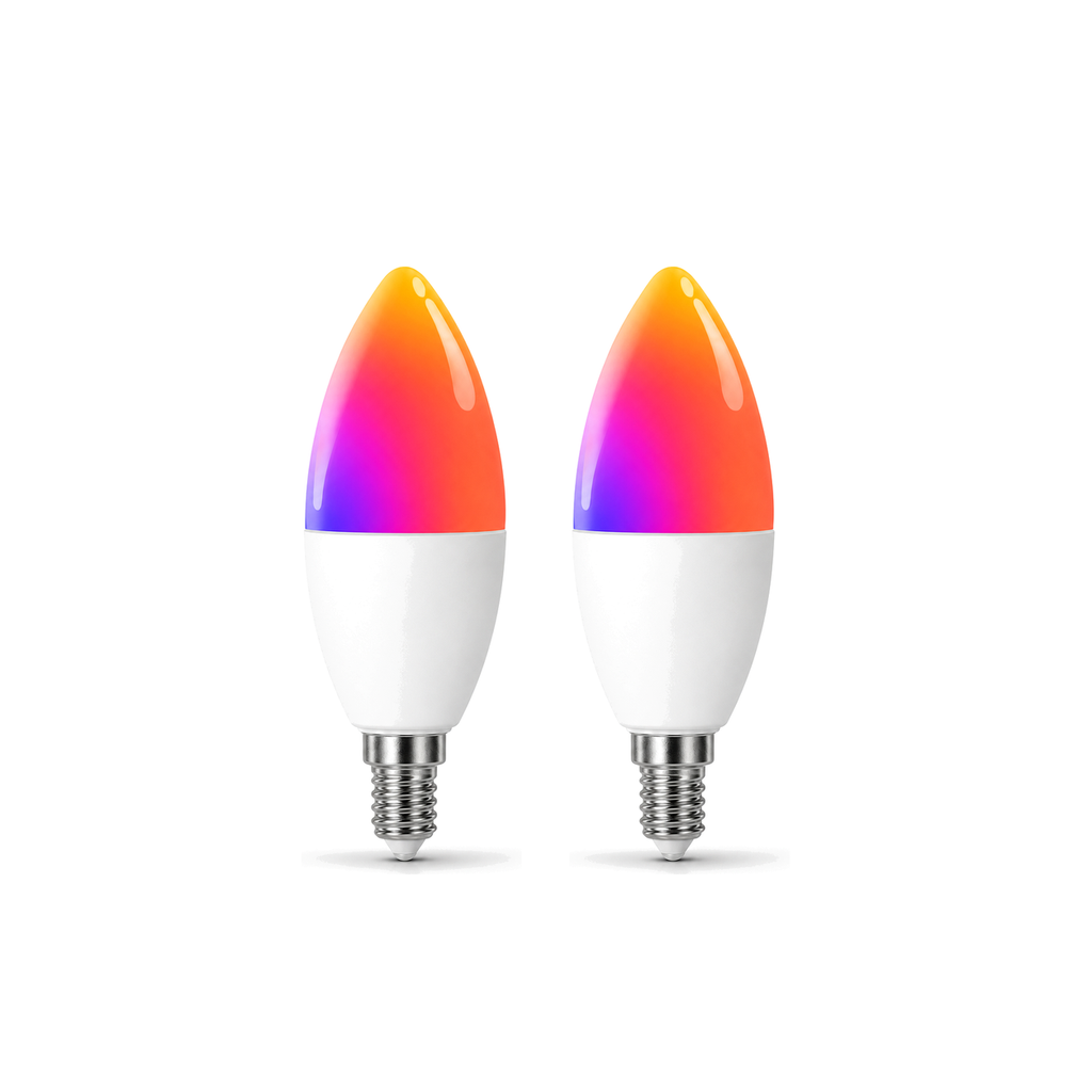 Lot de 2 ampoules bougie E14 Wi-Fi Matter RGB sur fond blanc studio
