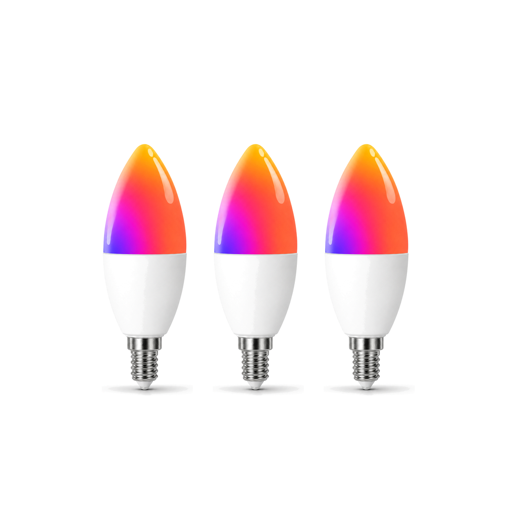 Lot de 3 ampoules bougie E14 Wi-Fi Matter RGB sur fond blanc studio