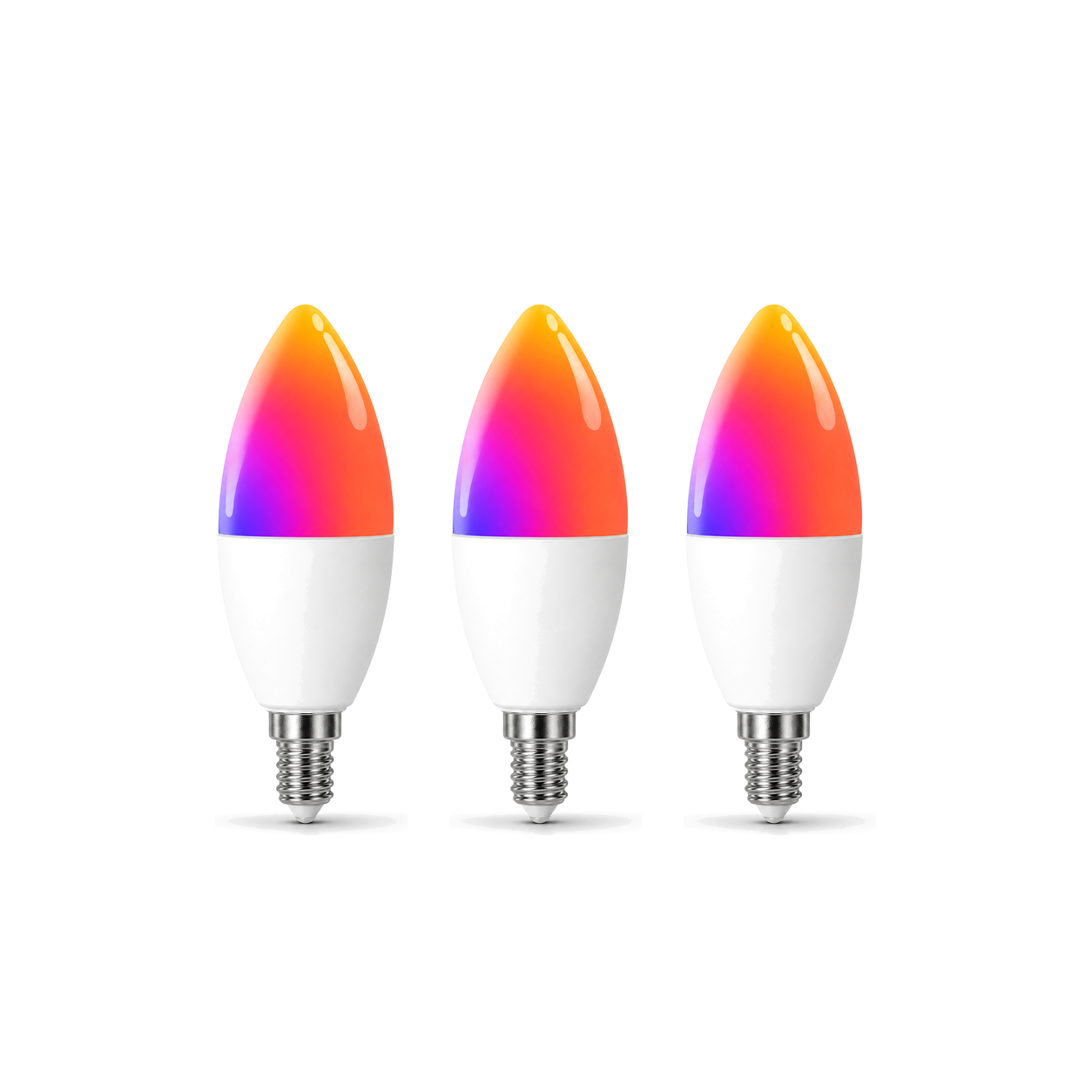 Lot de 3 ampoules bougie E14 Wi-Fi Matter RGB sur fond blanc studio