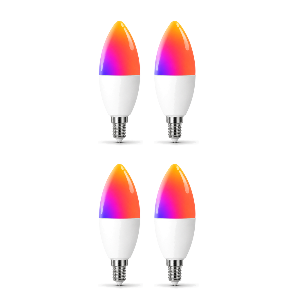 Lot de 4 ampoules bougie E14 Wi-Fi Matter RGB sur fond blanc studio