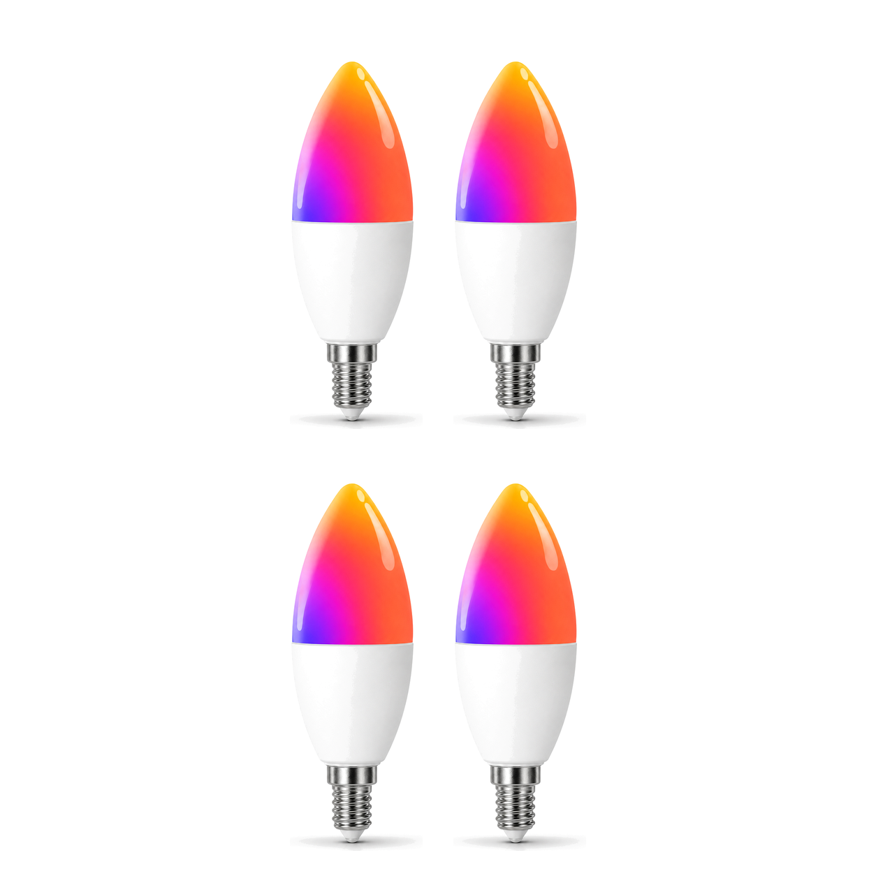 Lot de 4 ampoules bougie E14 Wi-Fi Matter RGB sur fond blanc studio