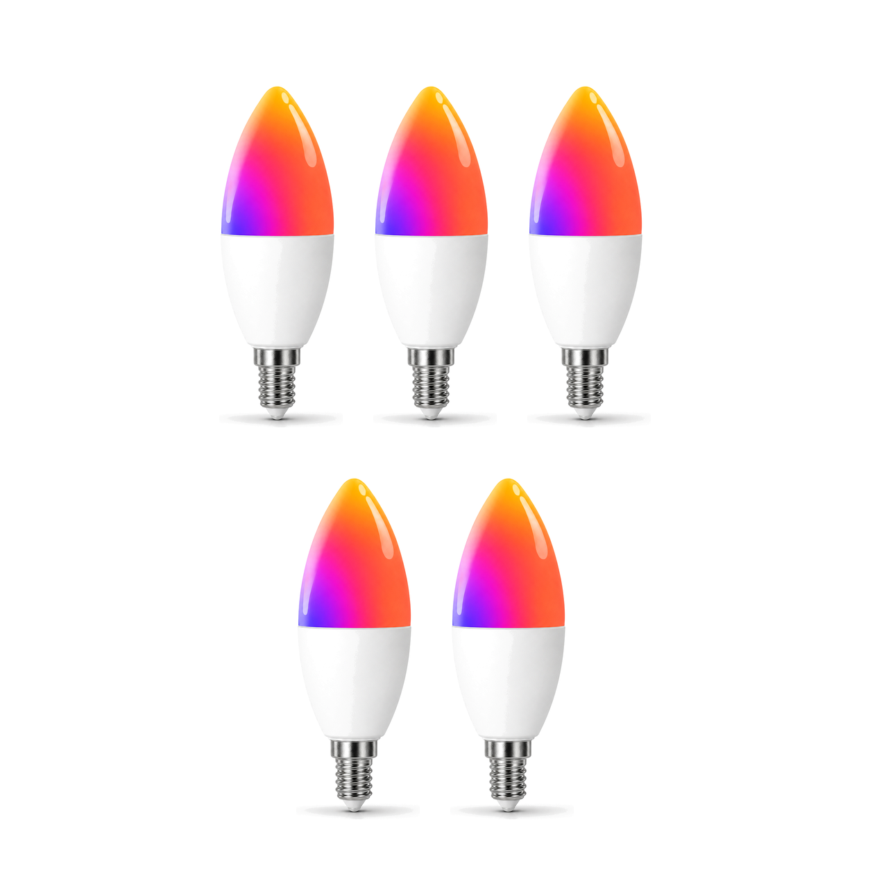 Lot de 5 ampoules bougie E14 Wi-Fi Matter RGB sur fond blanc studio