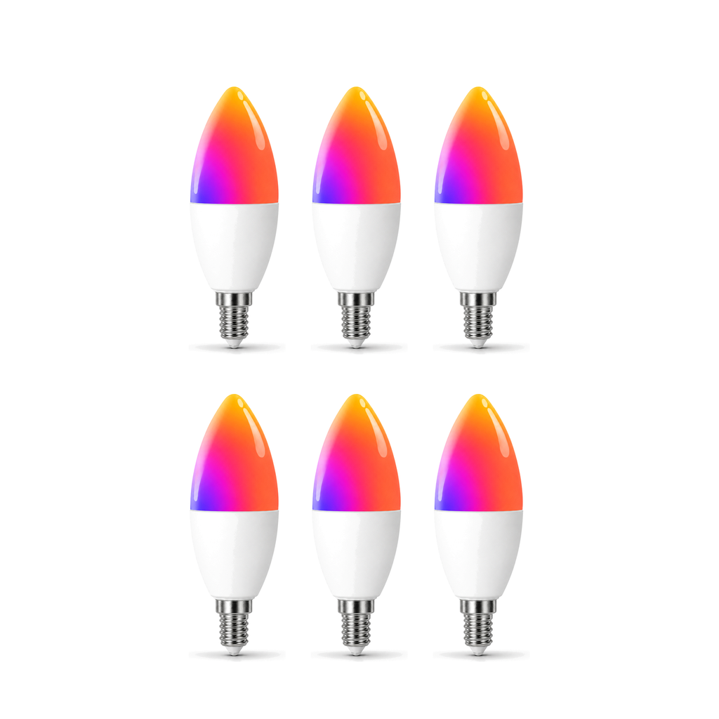 Lot de 6 ampoules bougie E14 Wi-Fi Matter RGB sur fond blanc studio
