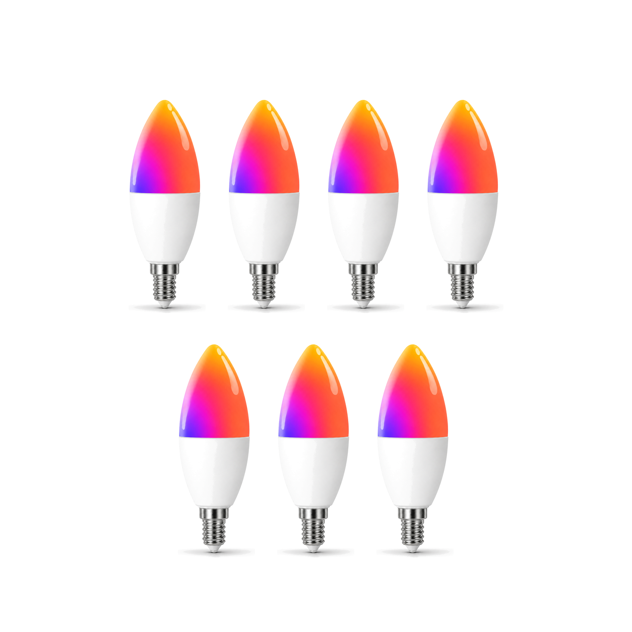 Lot de 7 ampoules bougie E14 Wi-Fi Matter RGB sur fond blanc studio