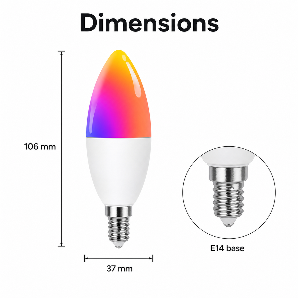 Dimensions diagram of E14 candle smart bulb 106 mm by 37 mm