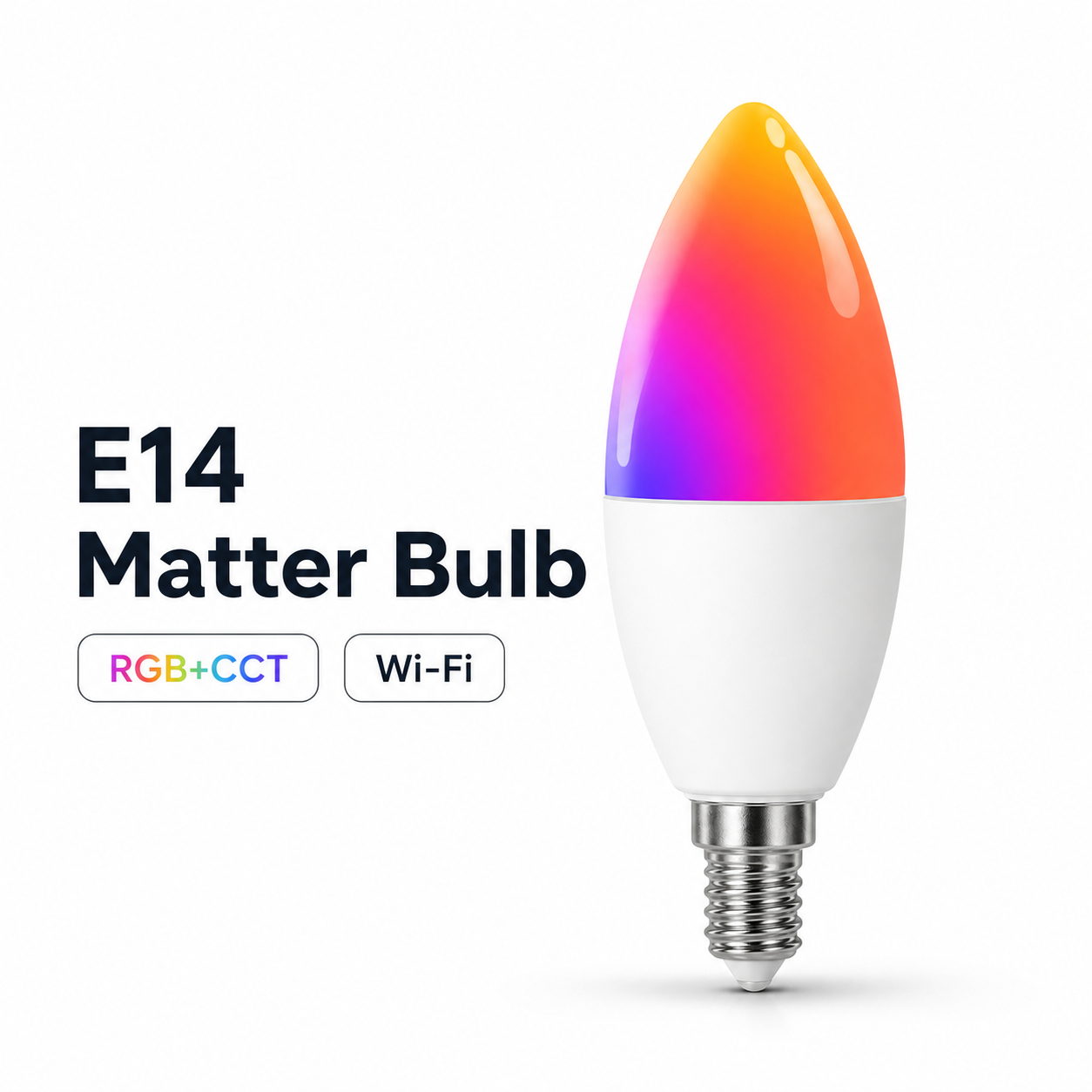 Studio packshot of E14 Matter RGB CCT smart bulb