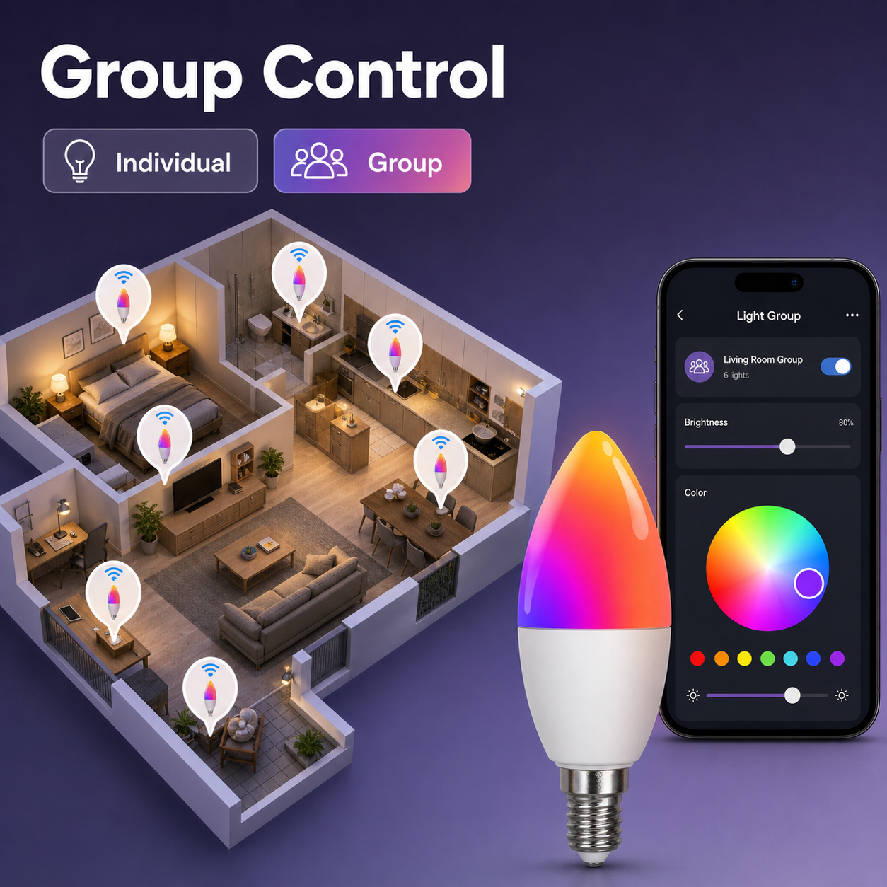 Group control scene with multiple E14 smart bulbs