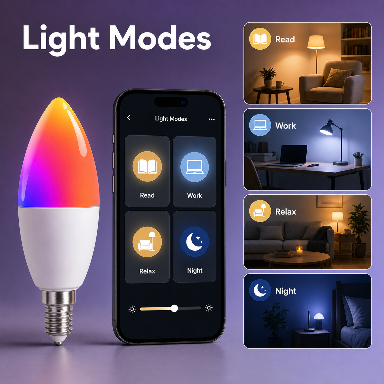 Read work relax and night light modes for E14 bulb