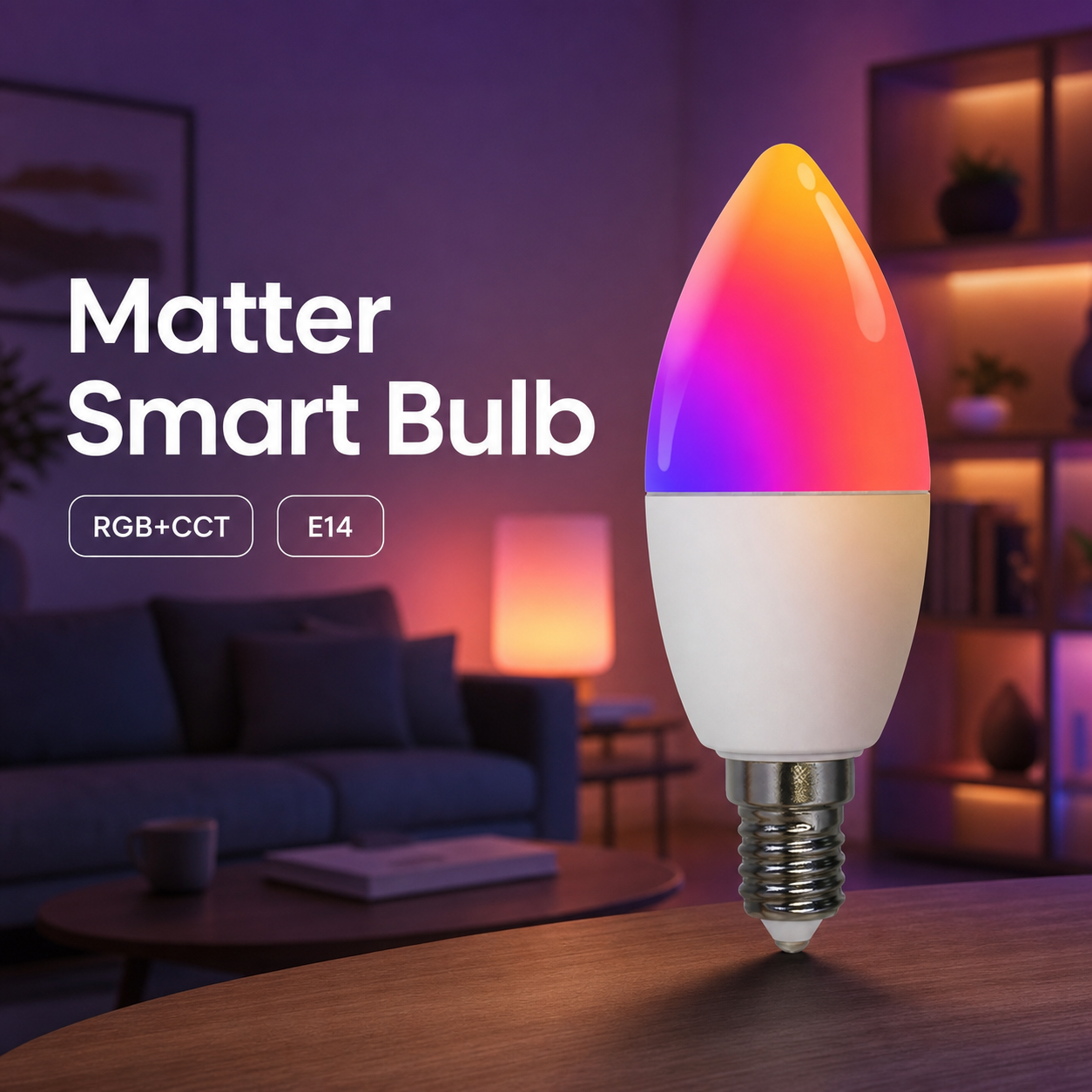 E14 Matter smart bulb with RGB+CCT lighting in modern room