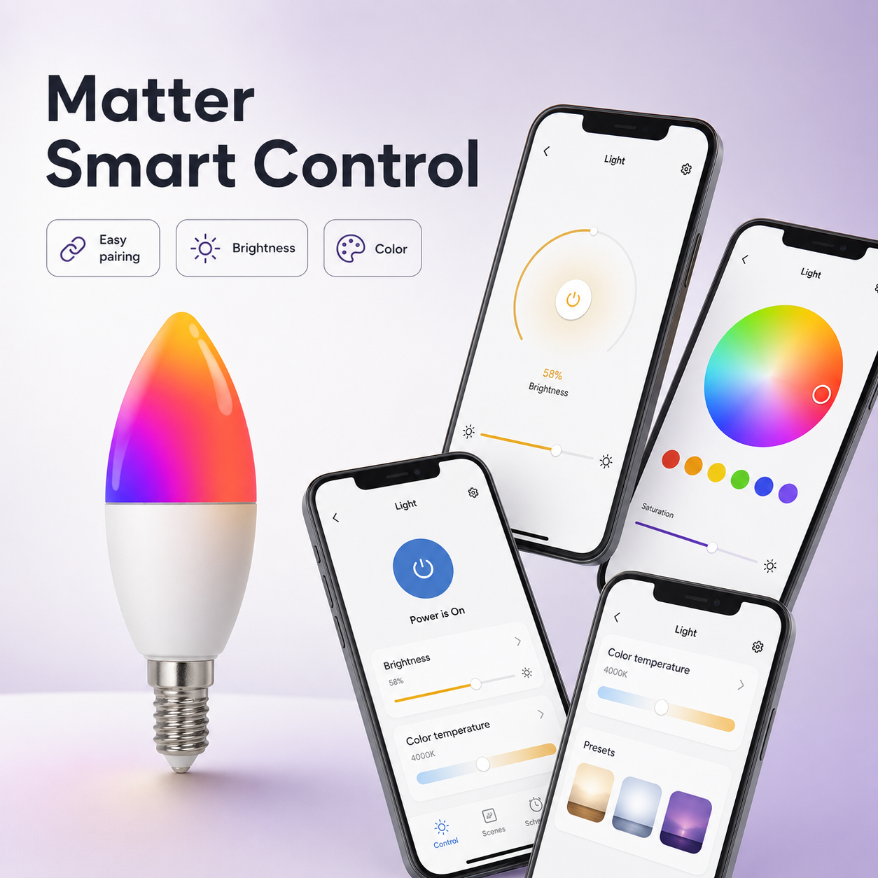 Matter smart control screens for E14 WiFi RGB CCT bulb