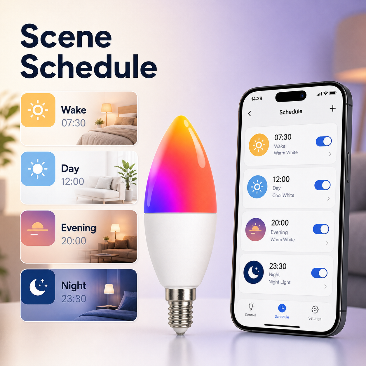Scene schedule controls for E14 Matter smart bulb