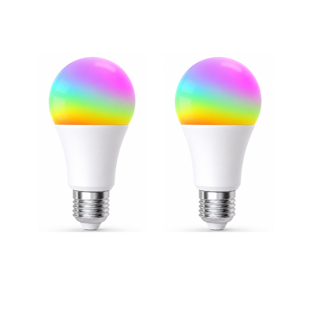Deux ampoules LED ZigBee RGB 9W NéoLight E27 Comfort sur fond blanc