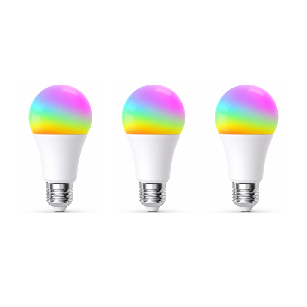 Trois ampoules LED ZigBee RGB 9W NéoLight E27 Comfort sur fond blanc