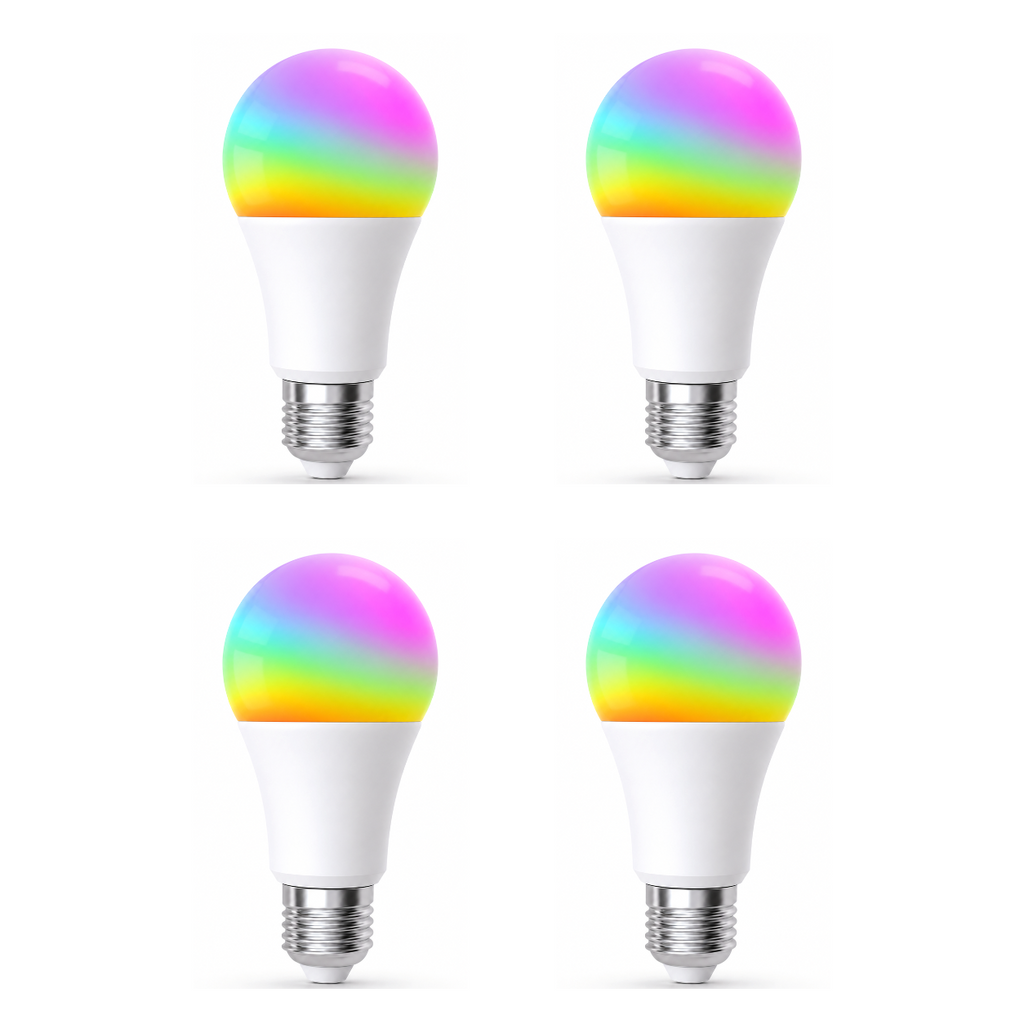 Quatre ampoules LED ZigBee RGB 9W NéoLight E27 Comfort sur fond blanc