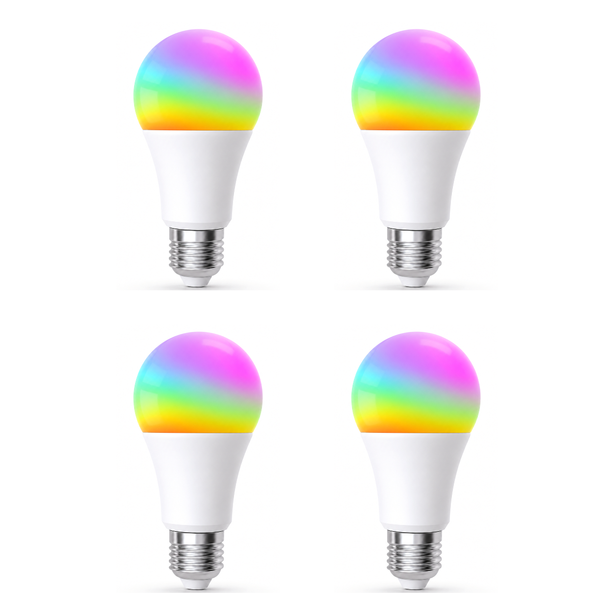 Quatre ampoules LED ZigBee RGB 9W NéoLight E27 Comfort sur fond blanc
