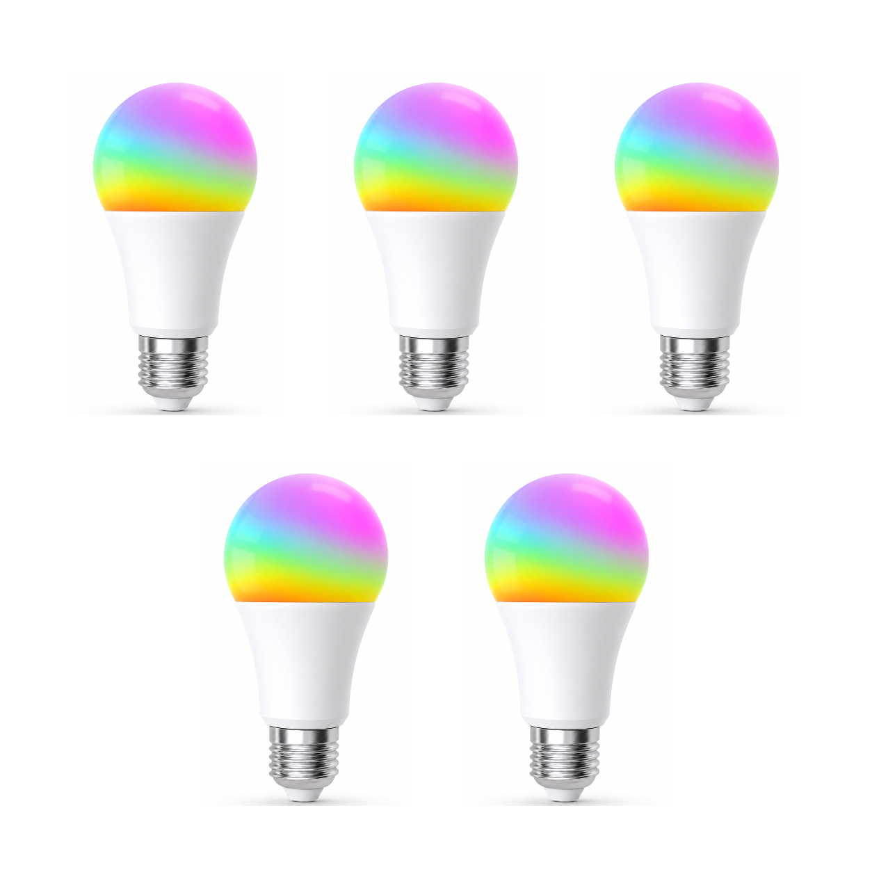 Cinq ampoules LED ZigBee RGB 9W NéoLight E27 Comfort sur fond blanc