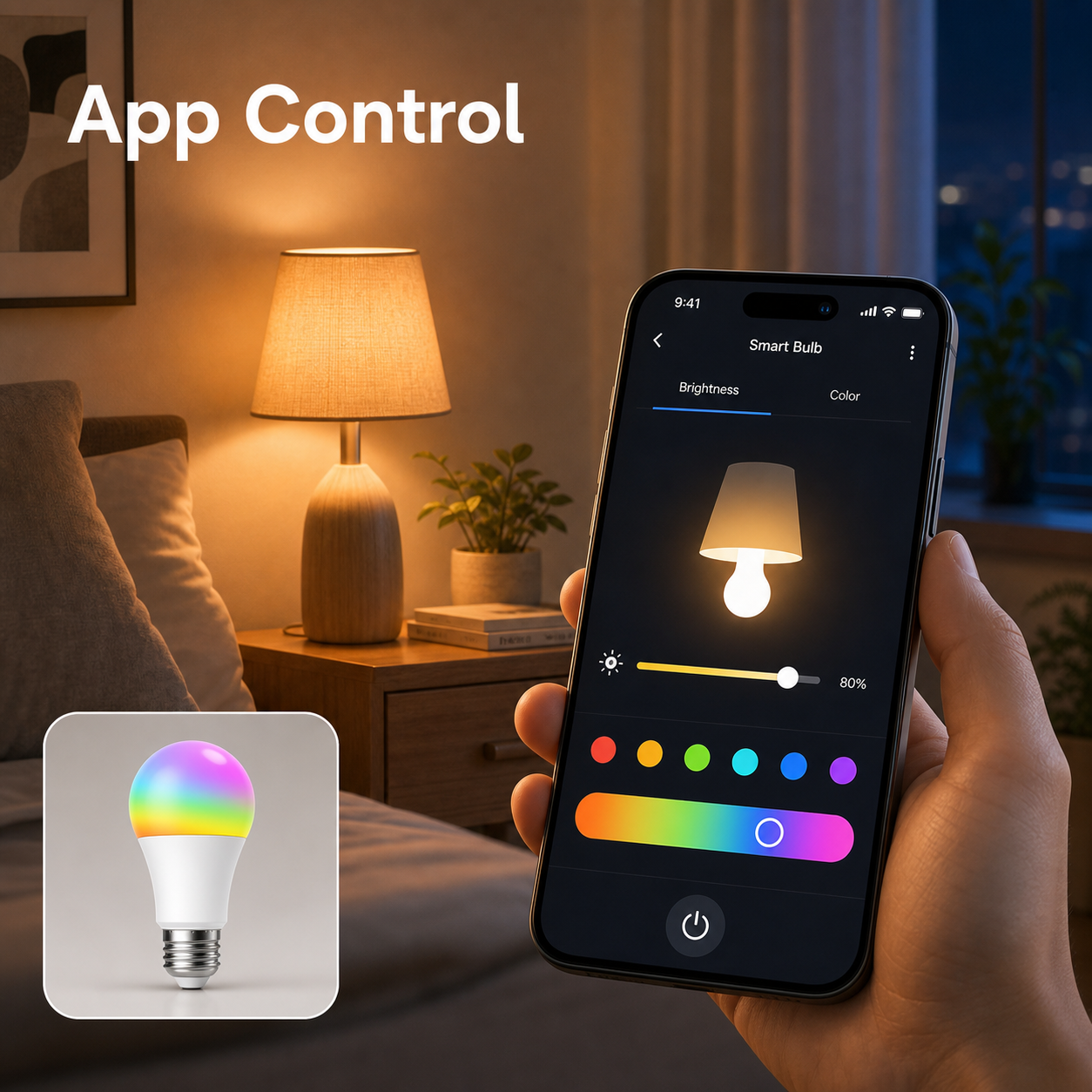 Mobile app brightness and color control for E27 smart bulb
