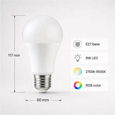 Dimensions and specifications for E27 ZigBee RGB smart bulb
