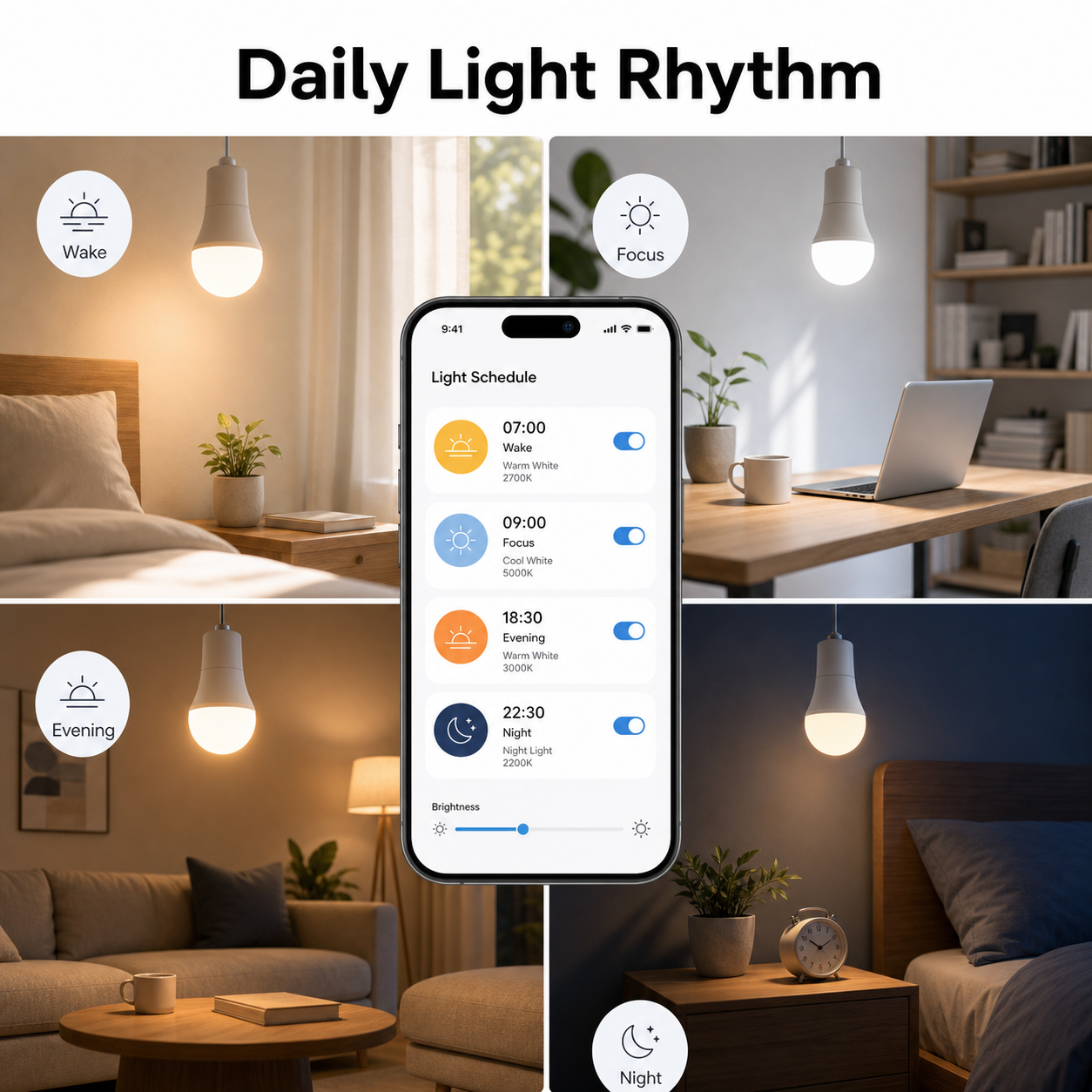 Daily light rhythm scenes for E27 smart bulb