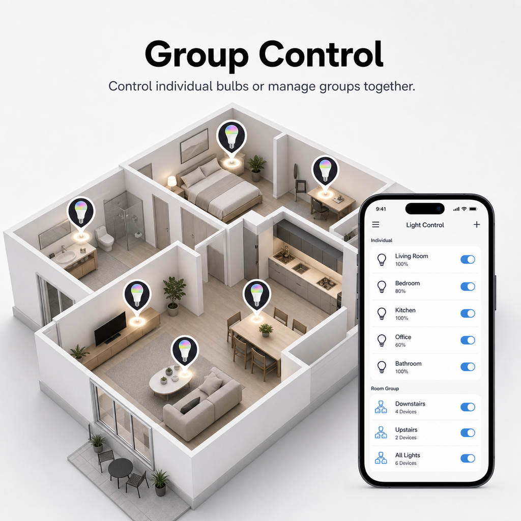 Whole home group control overview for E27 smart bulbs