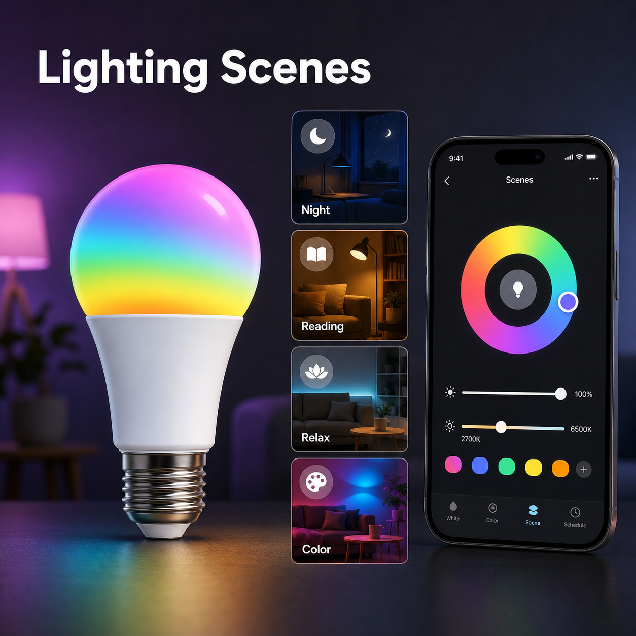 Lighting scenes overview for RGB+CCT E27 smart bulb
