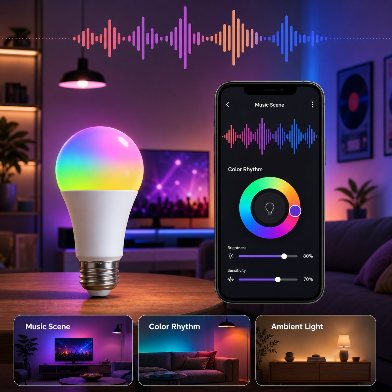 Music scene color rhythm control for E27 smart bulb