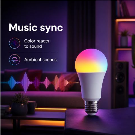 Music sync lighting feature for E27 RGB smart bulb