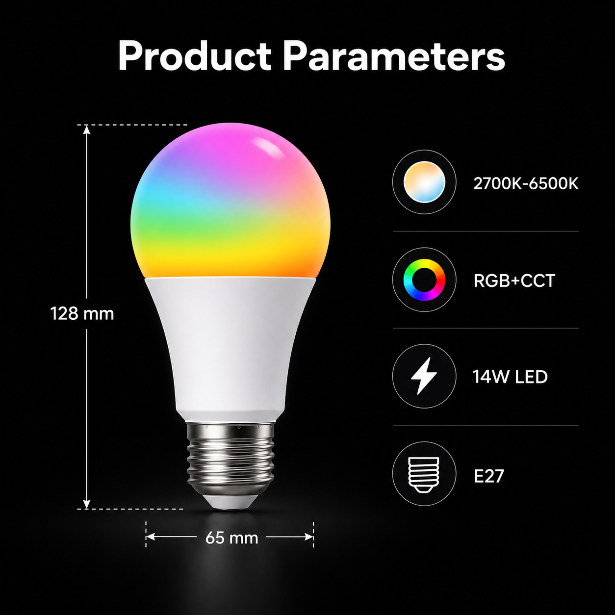 Product parameters for E27 RGB+CCT 14W smart bulb