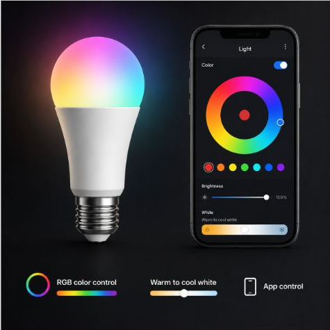 RGB color and tunable white app control for E27 smart bulb