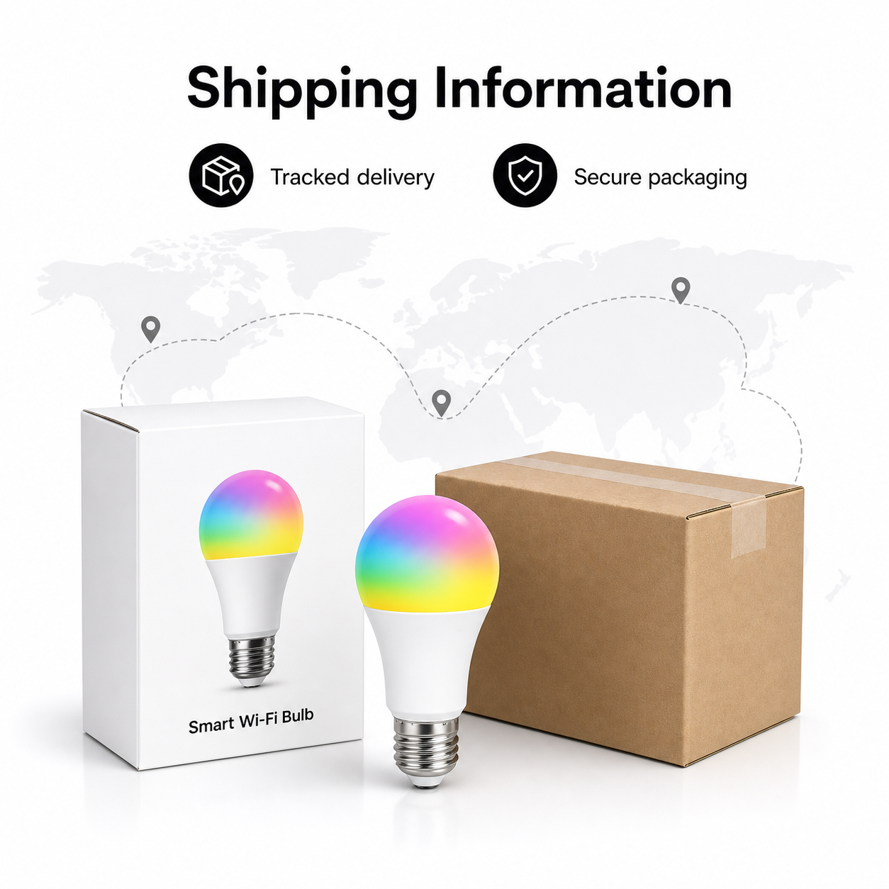 Shipping information overview with E27 smart bulb packaging