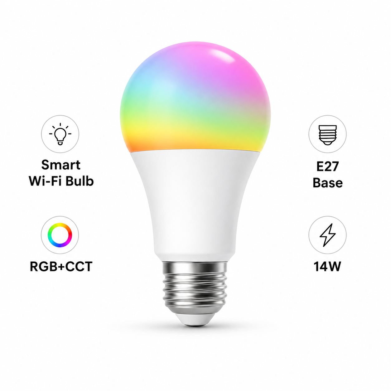 Studio packshot of E27 WiFi RGB+CCT 14W smart bulb