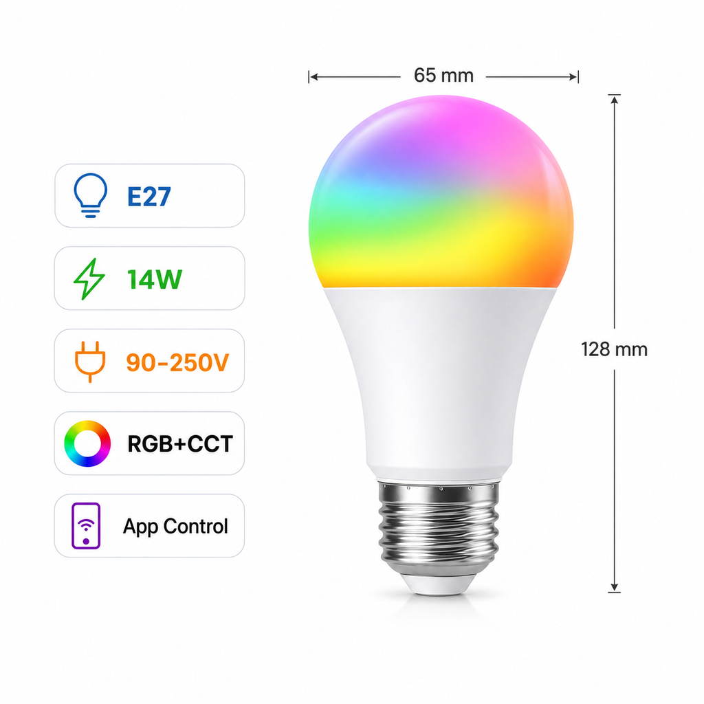 Dimensions and specifications diagram for E27 RGB+CCT smart bulb