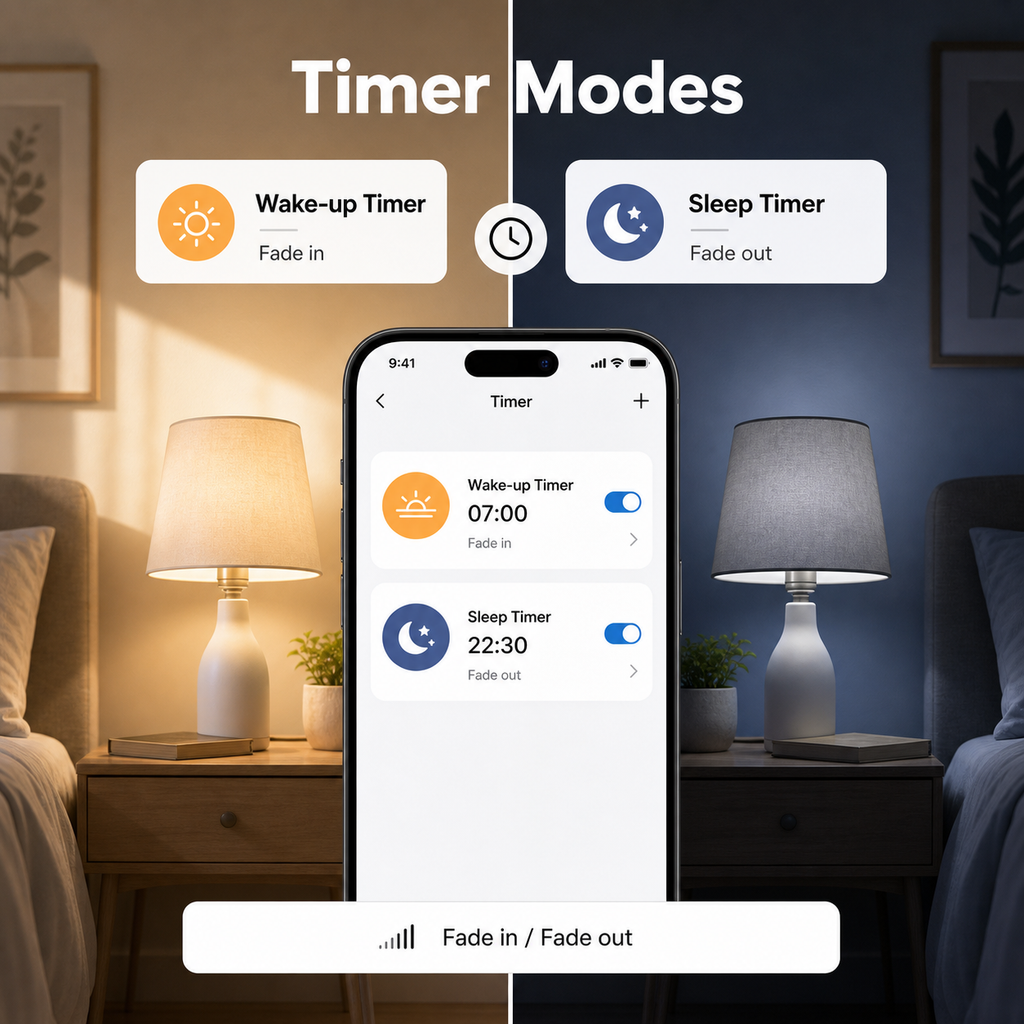 Wake-up and sleep timer modes for E27 smart bulb