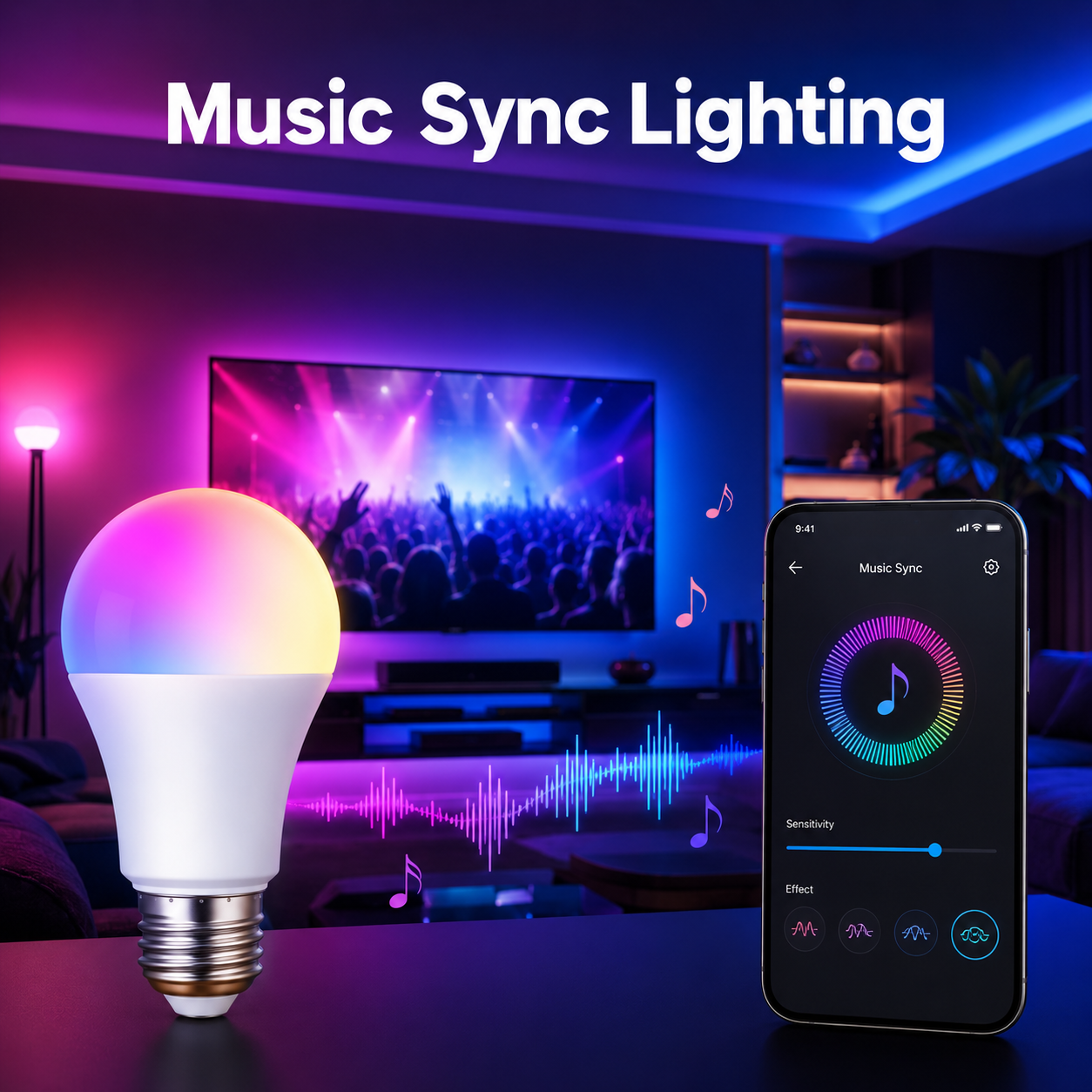 Music sync lighting scene for RGB smart bulb