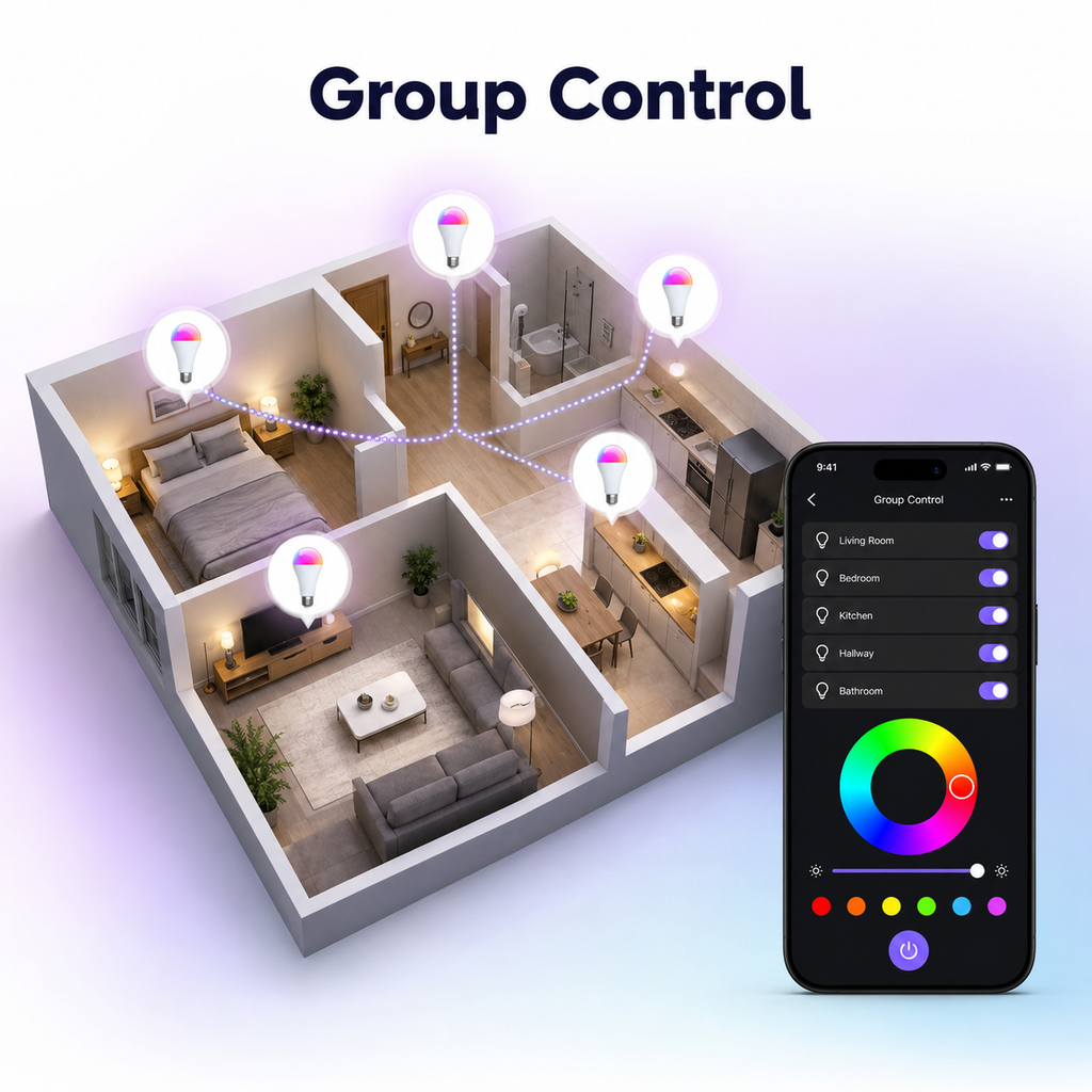 Group control floor plan for multiple smart bulbs