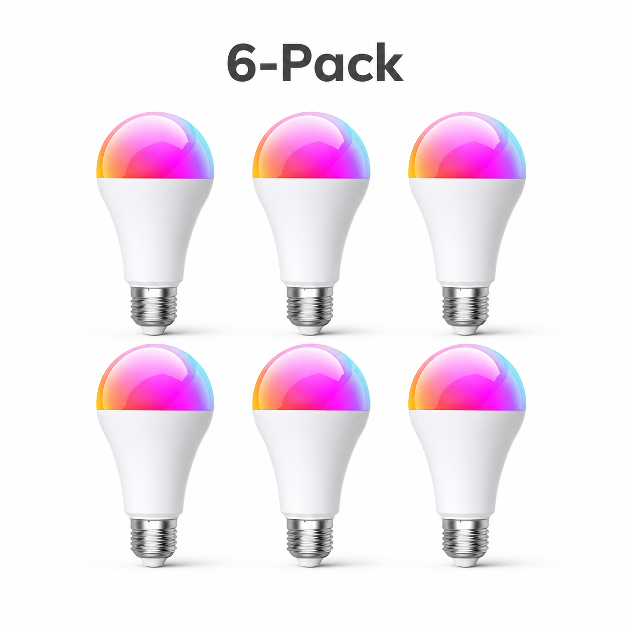Six-pack variant packshot of E27 smart bulbs
