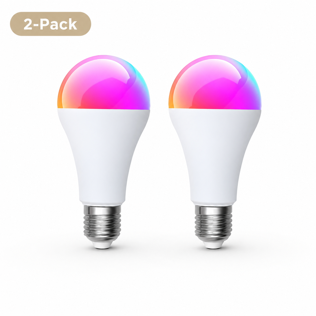 Two-pack variant packshot of E27 smart bulbs