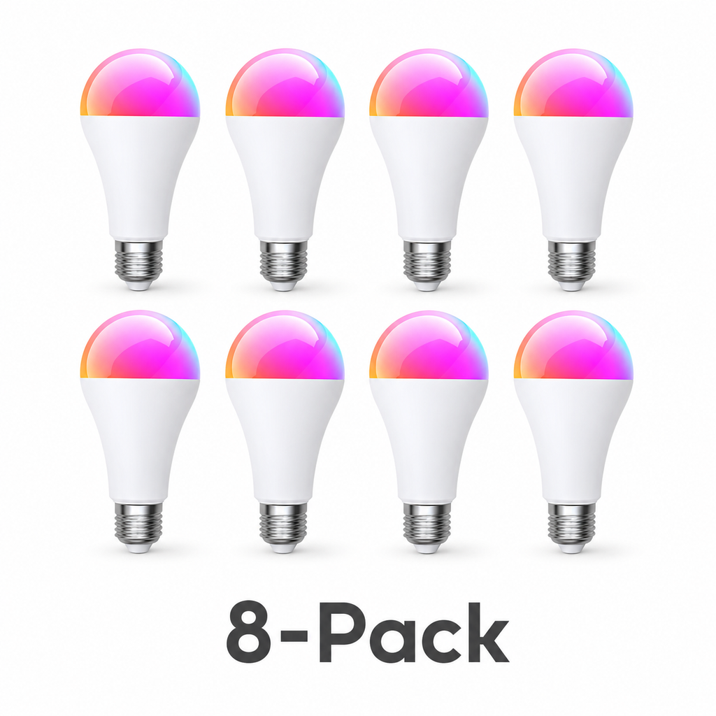 Eight-pack variant packshot of E27 smart bulbs