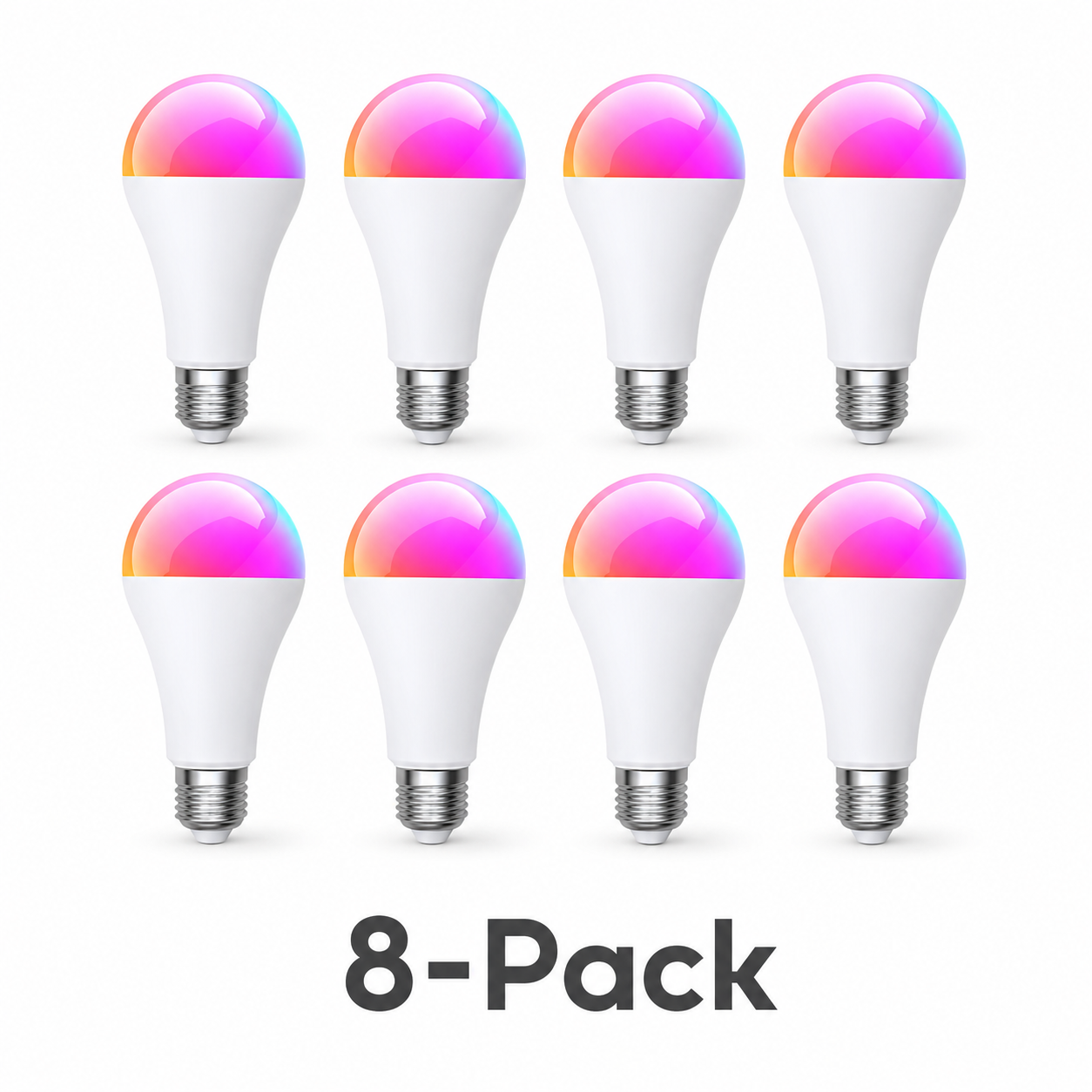 Eight-pack variant packshot of E27 smart bulbs