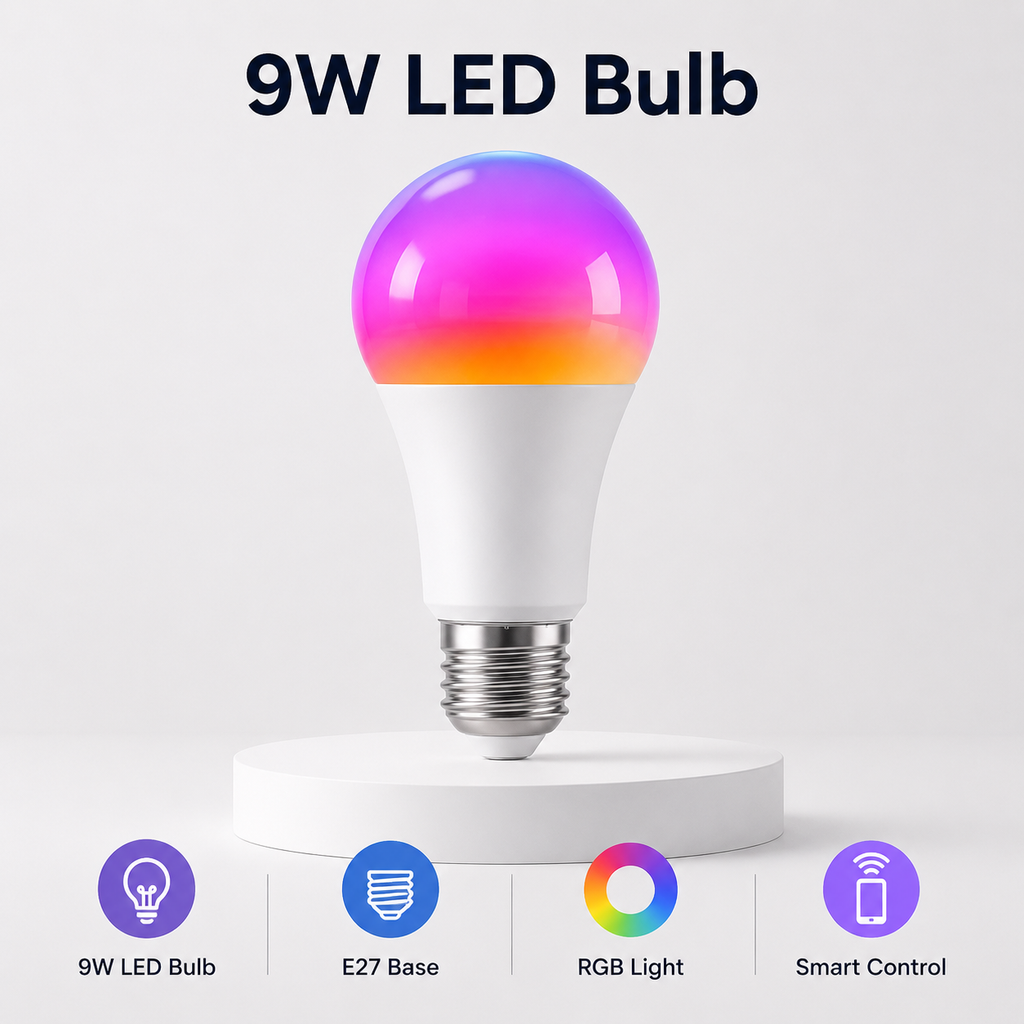 Clean 9W LED bulb feature image with E27 RGB and smart control labels