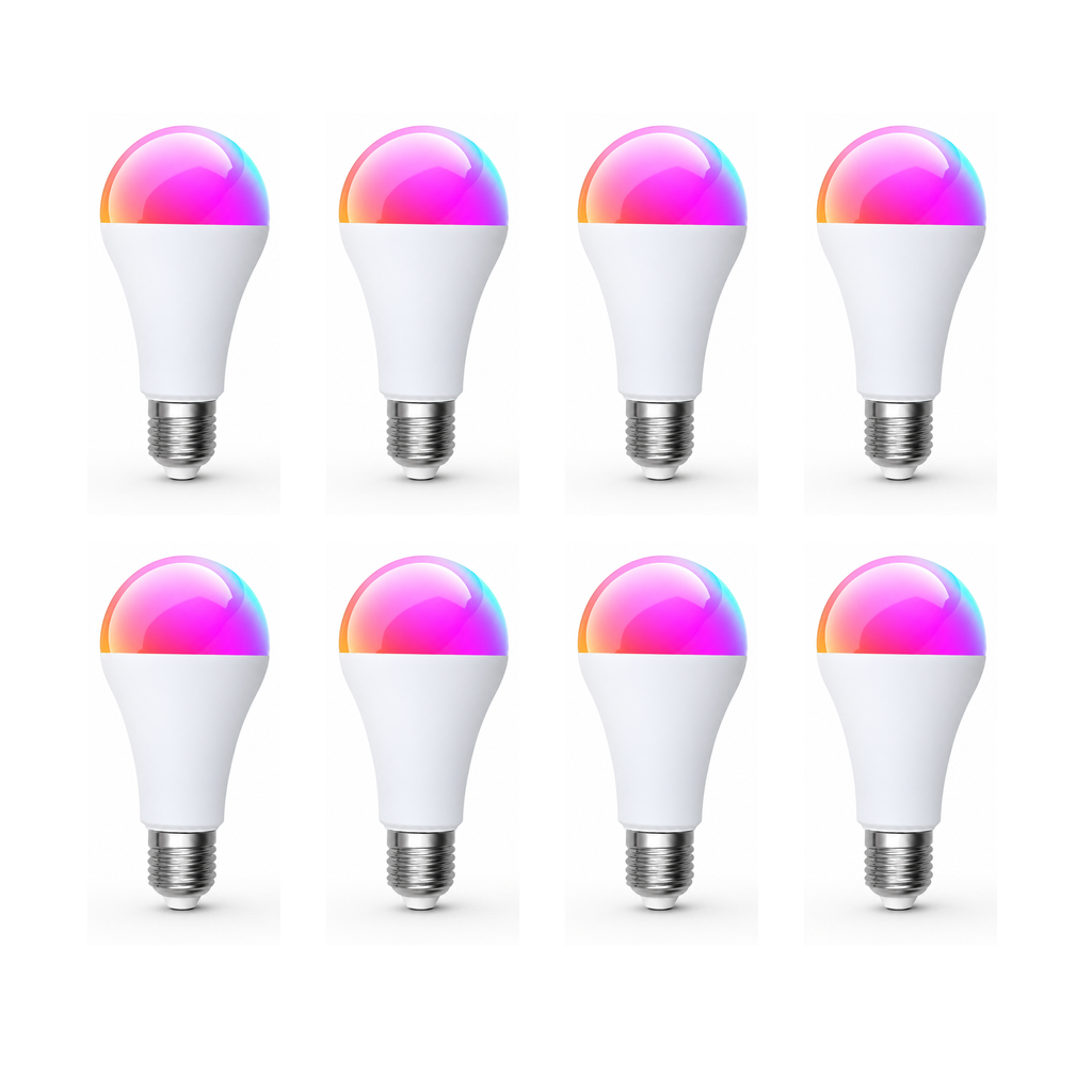Lot de 8 ampoules LED E27 Wi-Fi Matter RGB CCT 14W Neolight sur fond blanc