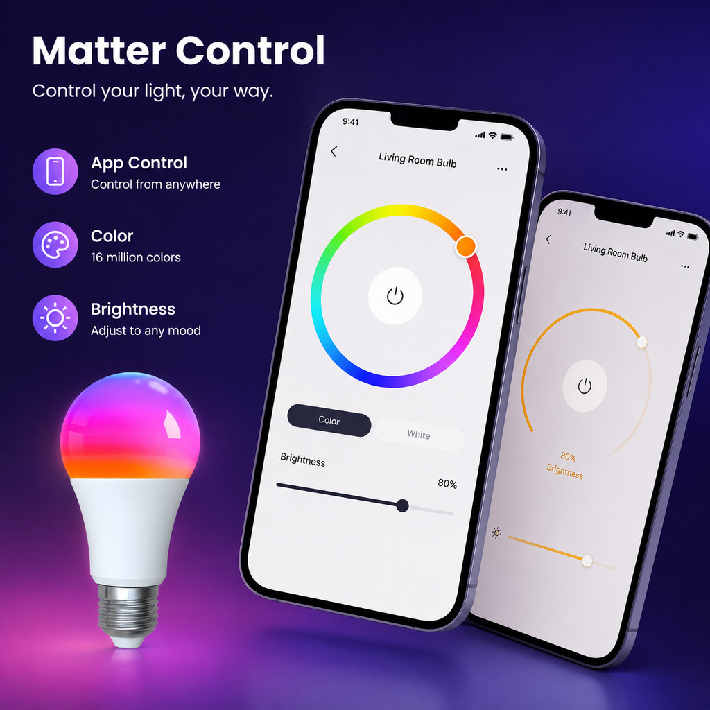 Matter app control interface for E27 smart LED bulb