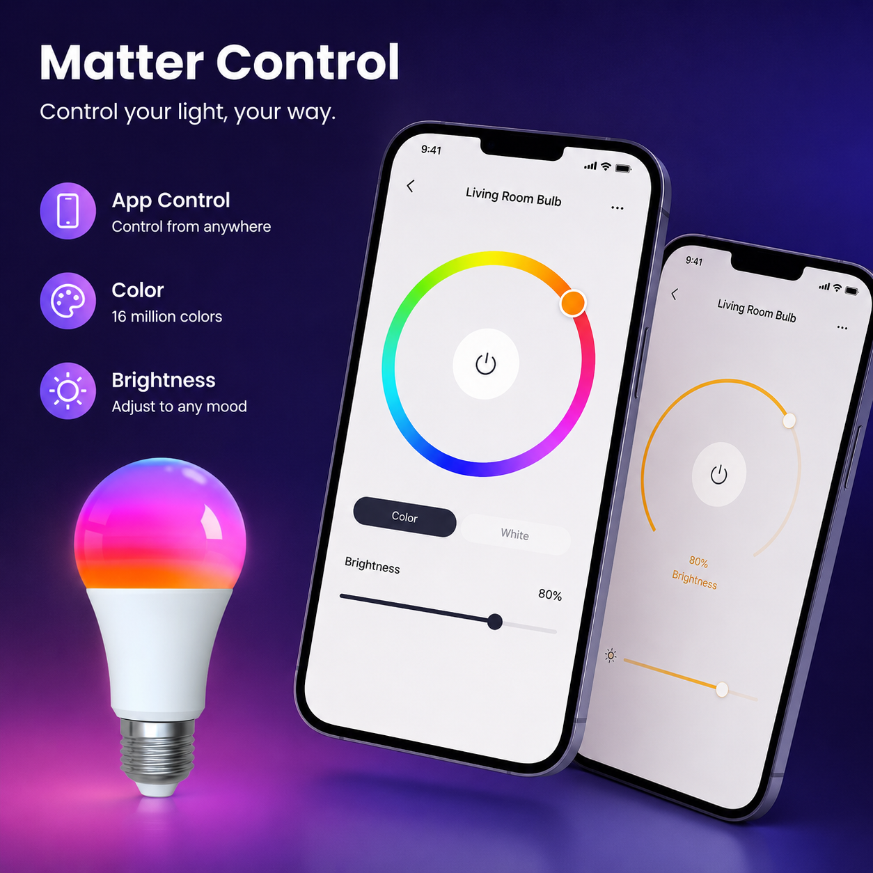 Matter app control interface for E27 smart LED bulb