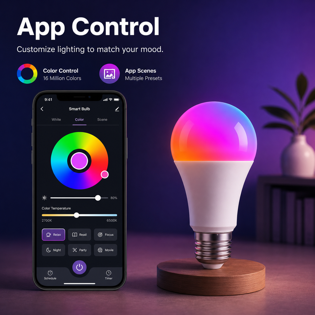 App scene controls for RGB Matter smart LED bulb